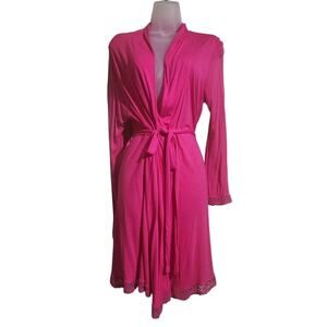 EBERJEY Womens Pink Knit Luxury Comfort Lace Trim Belted Robe Medium Casual Sexy